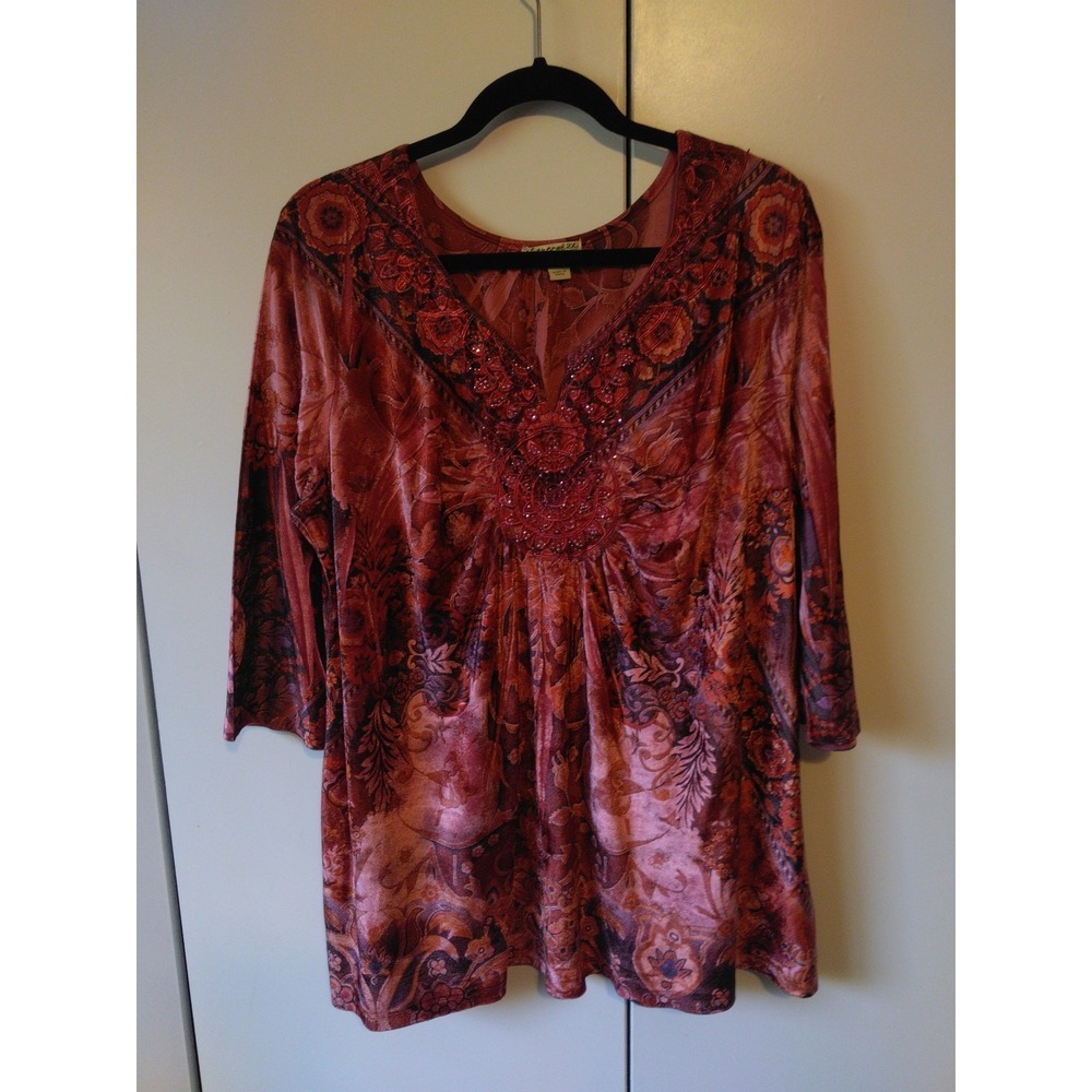 Womens Velvet Beaded Tunic Top Sizw 2x Fits Like XL Y2K Boho  Whimsigoth - Picture 1 of 8